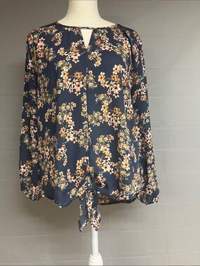 West Kei Navy Floral Keyhole Tie-Front Blouse